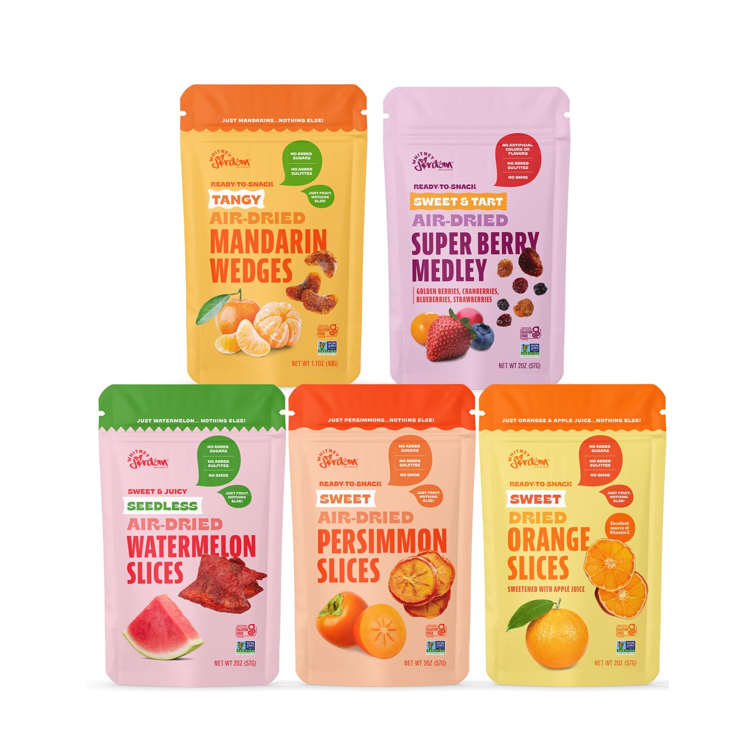 Whitney Jordan Naturals Air-Dried Fruit Variety Pack 2 Oz, Pack of 10 - Dried Fruit Snack with Watermelon, Persimmon, Orange, Super Berry Medley & Mandarin - No Sugar Added, Gluten-Free, Vegan