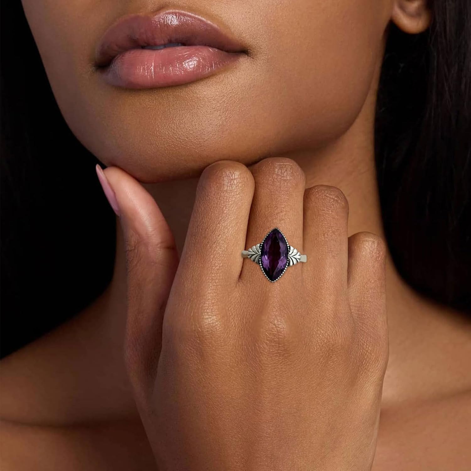 14x7mm Genuine Amethyst Ring for Women 925 Sterling Silver Real Marquise Shaped Amethyst Engagement Statement Promise Rings Personalized - Image 2