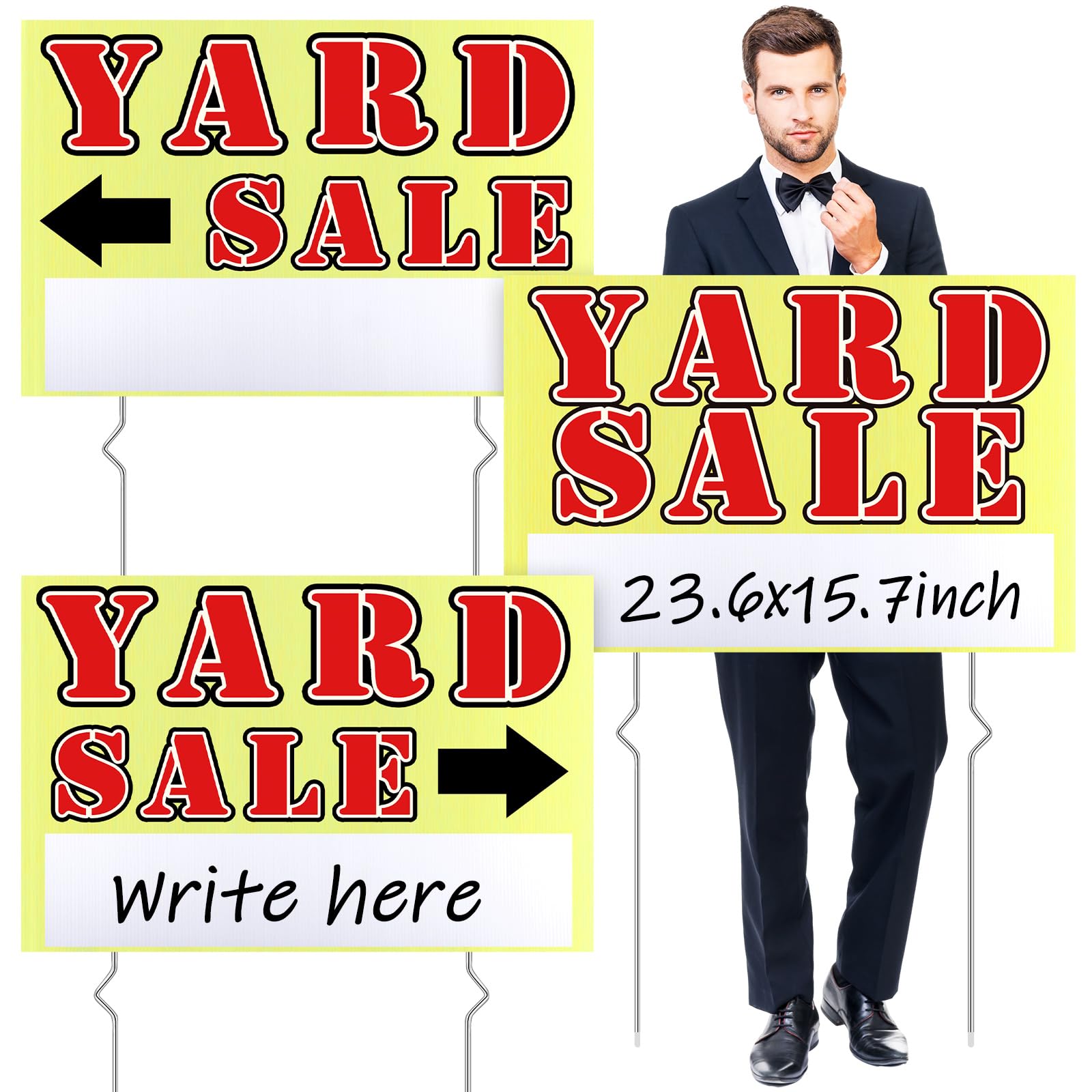 Marsui 3 Pcs Yard Sale Sign 23.6 x 15.7 Inch Double Sided Yard Sale Sign with Metal Stake and Directional Arrow for Outdoor