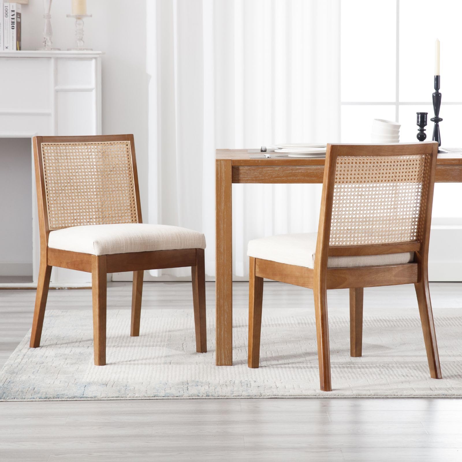 DAYALANE Mid-Century Dining Chairs Set of 2, Rattan Chair with Backrest and Upholstered Linen Seat,Wood Kitchen Chairs for Dining Room Kitchen Living Room Beige