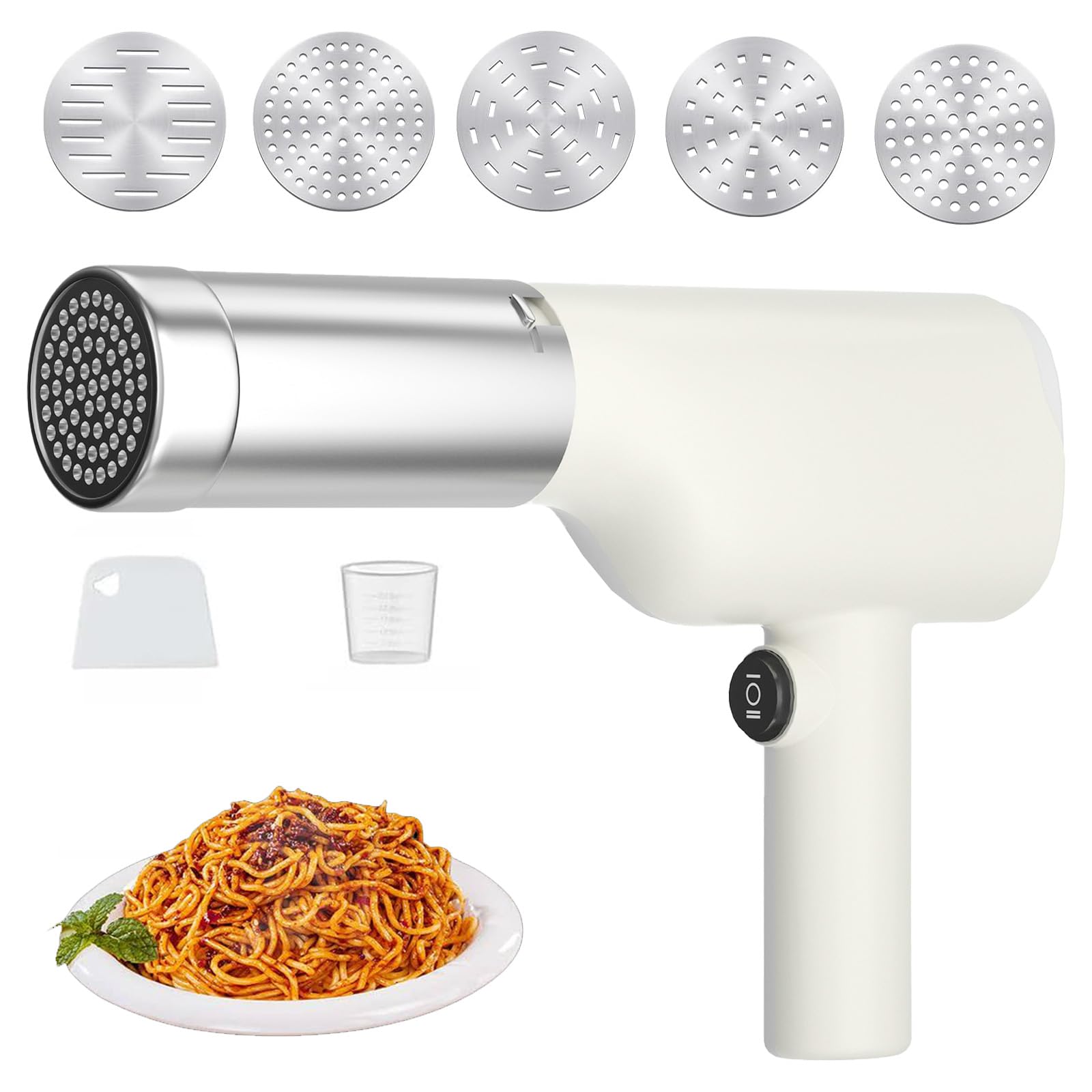 Electric Pasta Maker Stainless Steel Cordless Handheld Automatic Noodle Maker Machine 40W Portable Automatic Pasta Maker with 5 Pasta Discs for Homemade Spaghetti Machine Kitchen