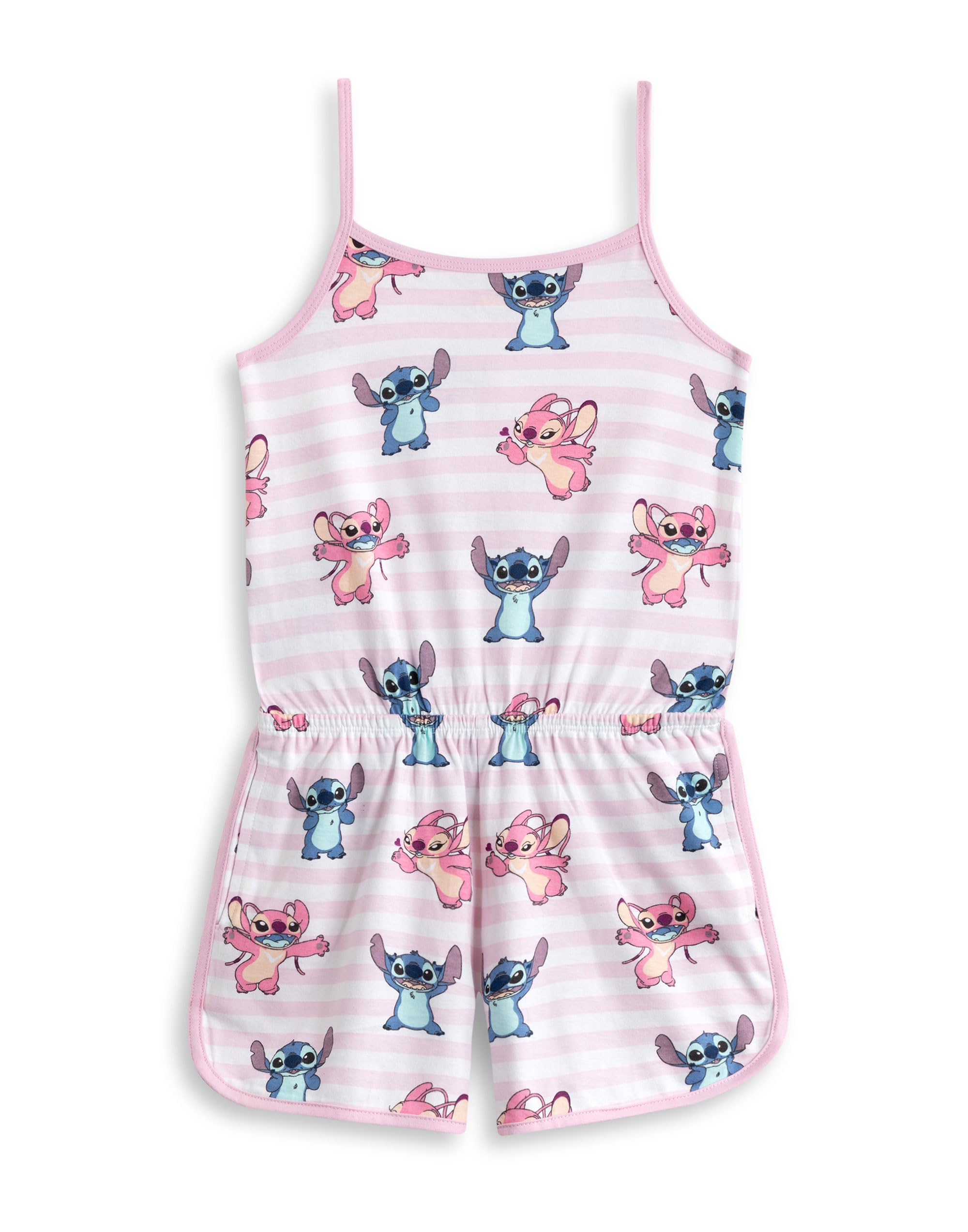 Disney Combinaison rose rayée sans manches Lilo & Stitch pour fille | Tenue d'été mignonne à l'effigie de Stitch et Angel | Taille élastiquée, poches et col rond, tenue décontractée