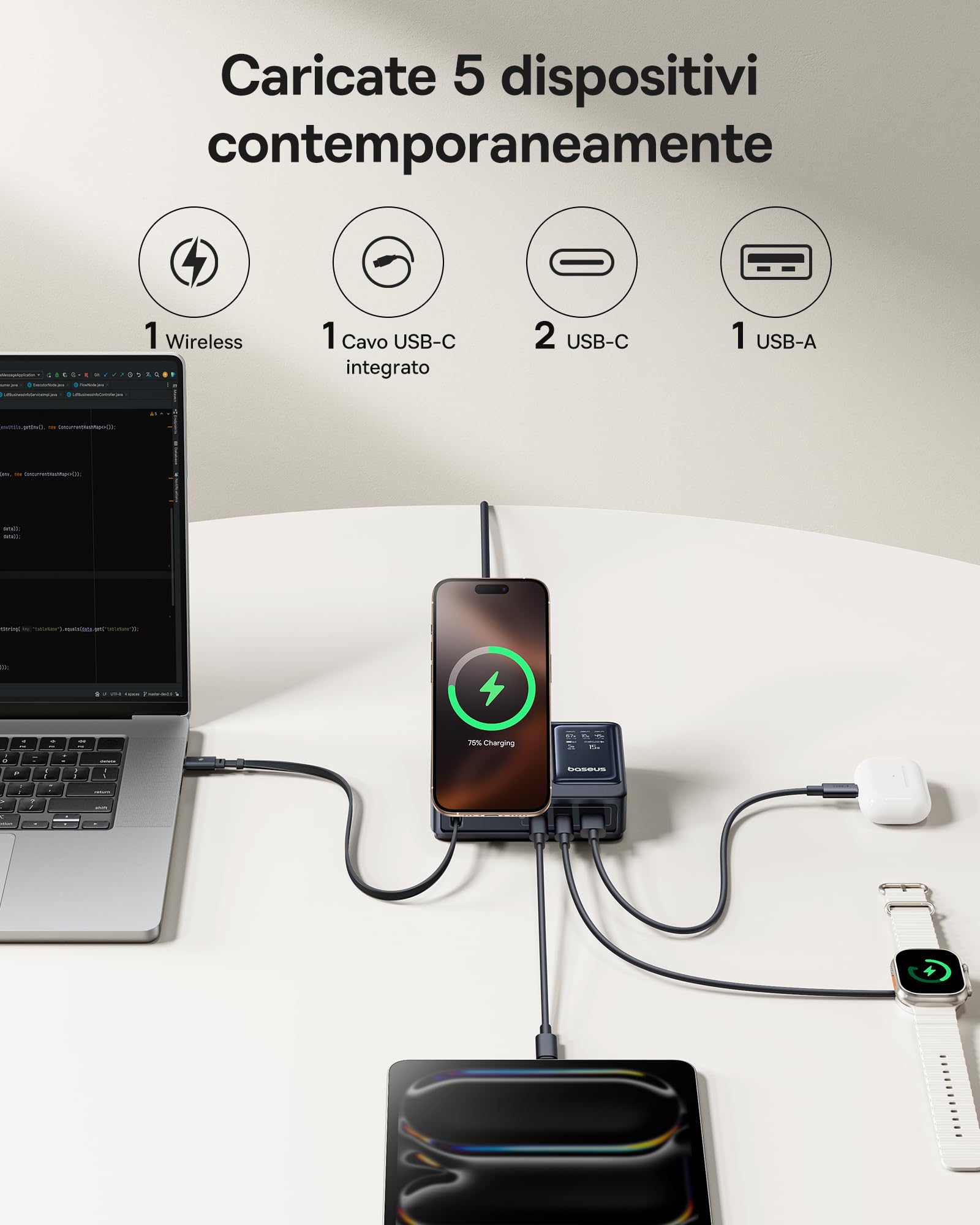 Baseus NOMOS 5 in 1 Stazione di Ricarica, 140W Caricatore con MagSafe Qi2.0(15W), Cavo Retrattile Tipo C, 2 USB-C, 1 USB-A, Display Digitale, per iPhone/MacBook/Samsung