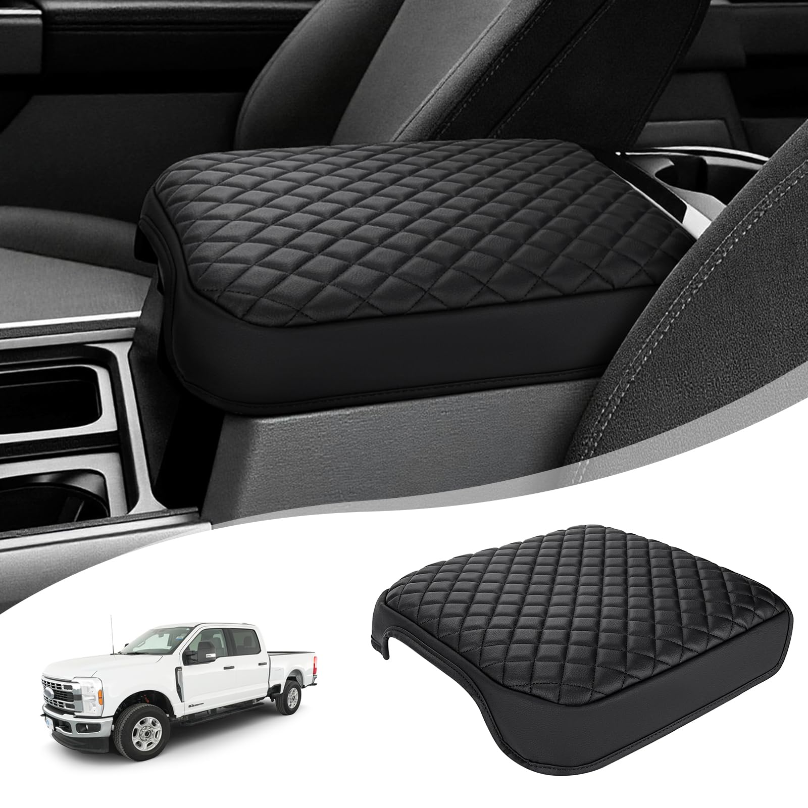 Pokrowiec na konsolę środkową do 2023, 2024, 2025, 2026, Ford F250, F350, F450, F550, super Duty, winylowa skórzana osłona podłokietnika, poduszka na konsolę środkową, czarny (pasuje tylko do