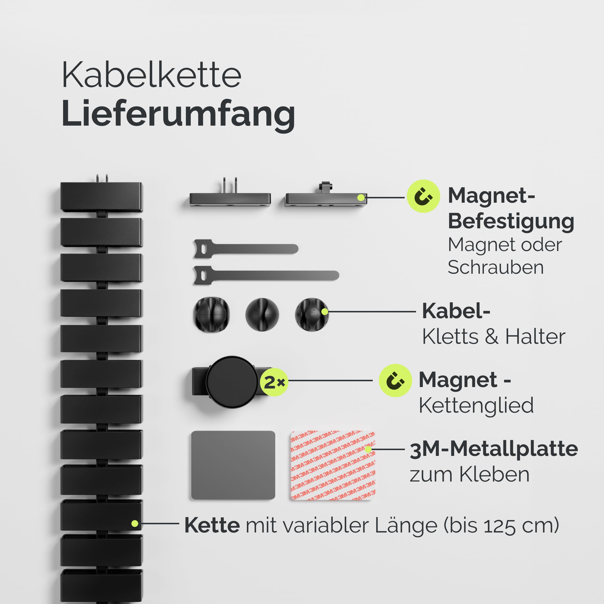 VALU Kabelführung Schreibtisch 128cm Flexibles Kabelmanagement mit Schraub- oder Klebemontage inkl. 4 Magnete & 3 Kabelhalter