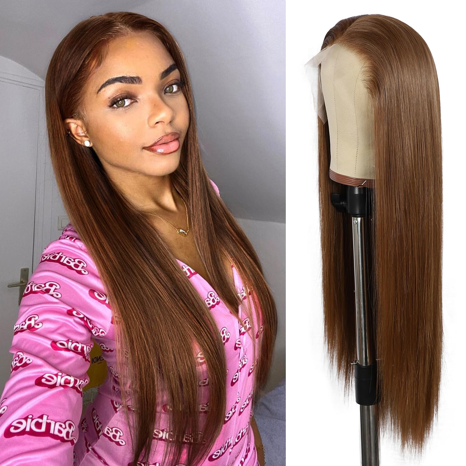 SOMIARIK Long Straight Wig 13x6 Oange Brown Synthetic Lace Front Wigs for Women Bleached Knots Pre Plucked with Baby Hair 26 Inch
