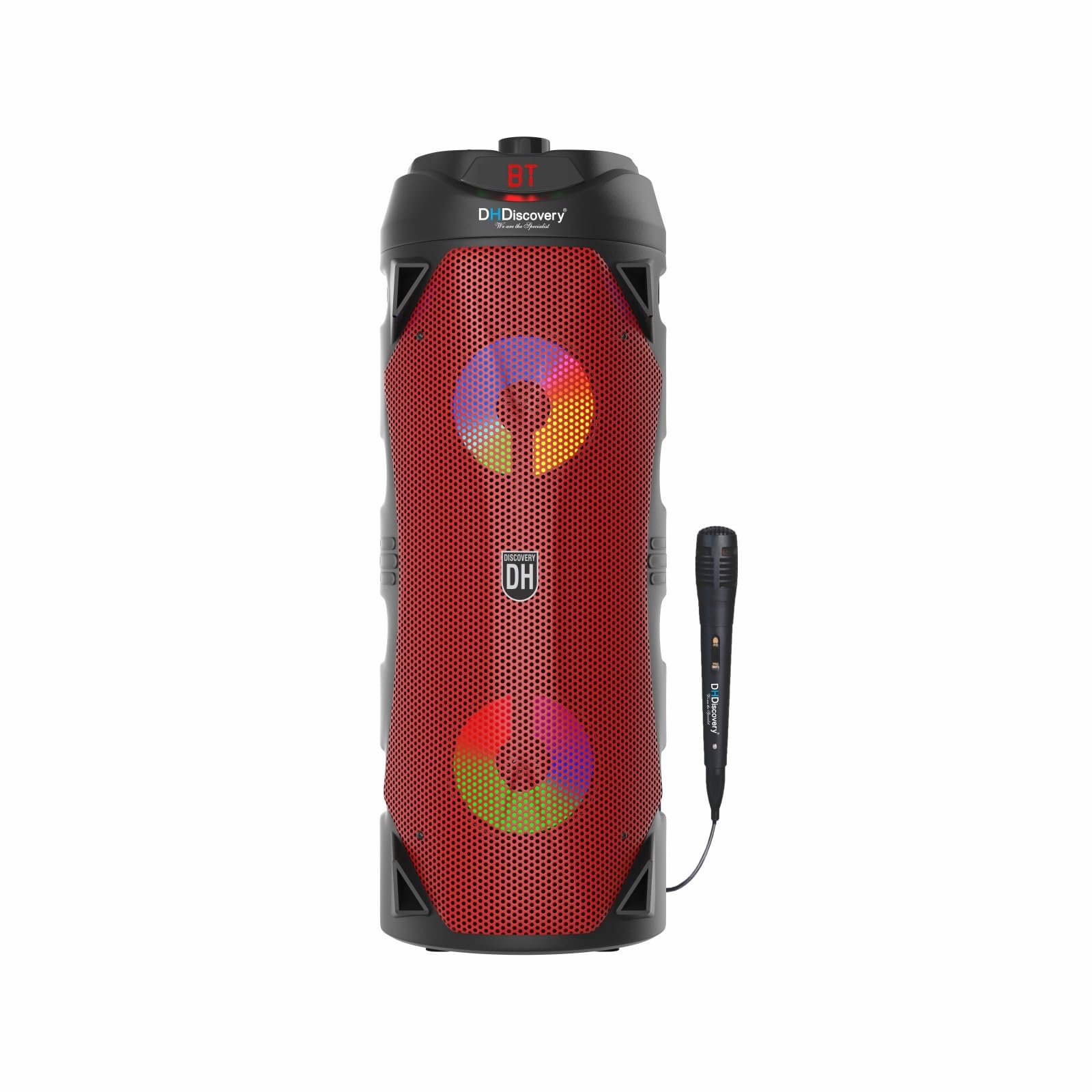 DH Discovery DH-950 Red Party Speaker with MIC | 150W Bluetooth Wireless Speaker with Dual 4x2'' Woofers, FM, USB, TF Card, AUX & Wired MIC