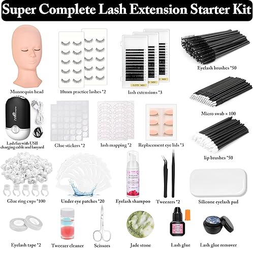 Miniatura 9 de Kit de pestañas para extensión de pestañas, suministros técnicos de pestañas con cabeza de práctica de maniquí, racimo de pestañas, pegamento de