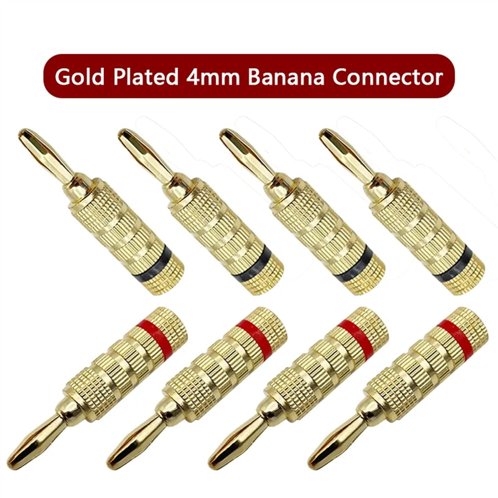 8 sztuk/4 pary wtyków bananowych pozłacanych 24 K, wtyki bananowe 4 mm, męskie wtyczki głośnikowe, czarne, czerwone (8 czerwone)