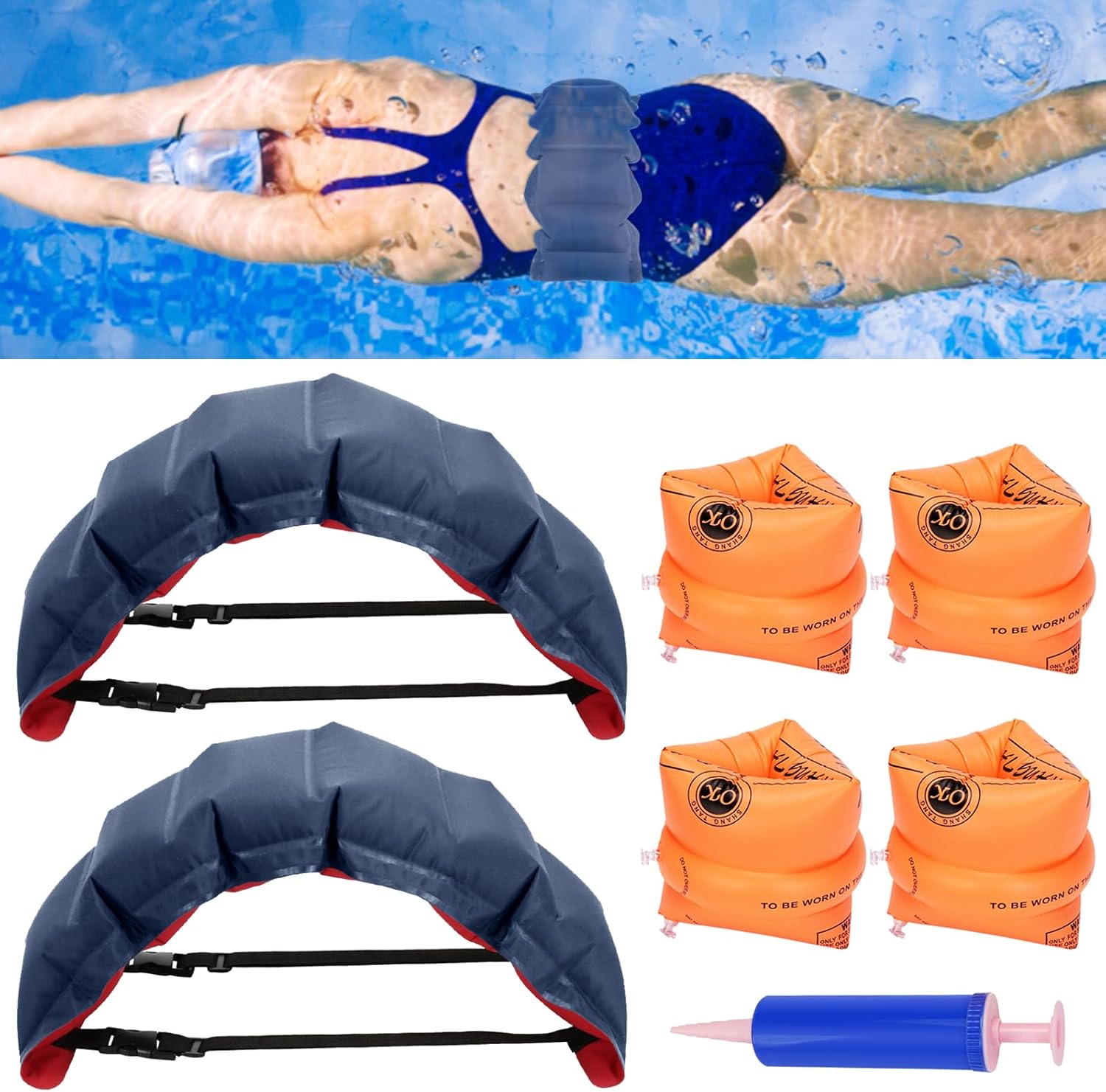 2PCS Swim Belt, 2Pair Arm Floaties, Inflatable Swimming Waist, Portable Flotation Arm & Waist Belt for Water Aerobics Women for Adults Kids Children with Inflatable Pump Swimming Beginner