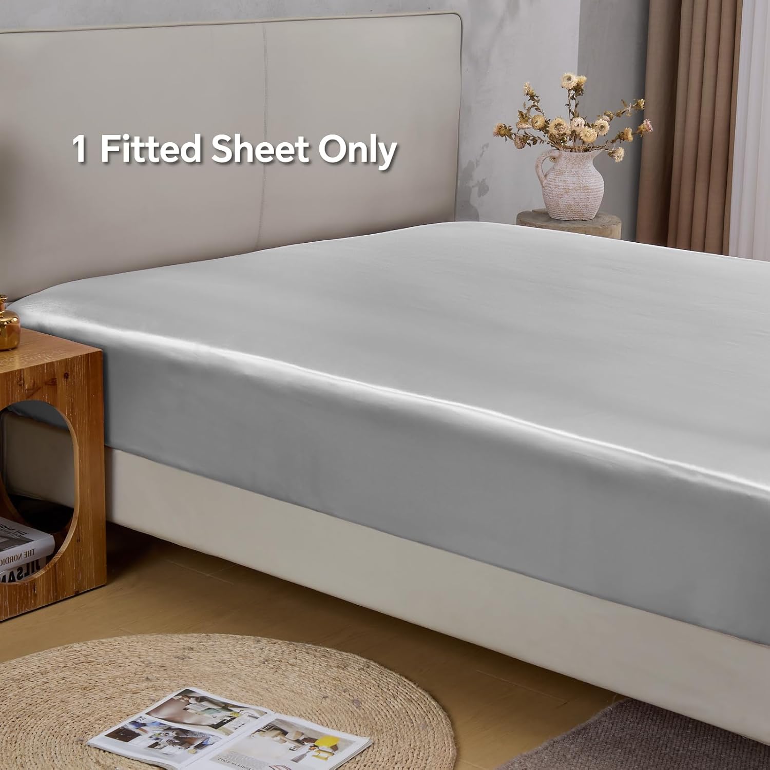 BEDELITE Satin Fitted Sheet Queen Size with Elastic Corner Straps, Luxury Soft Silk-Like Bed Sheet for Hair & Skin, 1 Deep Pocket Fitted Sheet Only Fits 15" Mattress, Fade & Wrinkle Resistant, Grey - Image 4