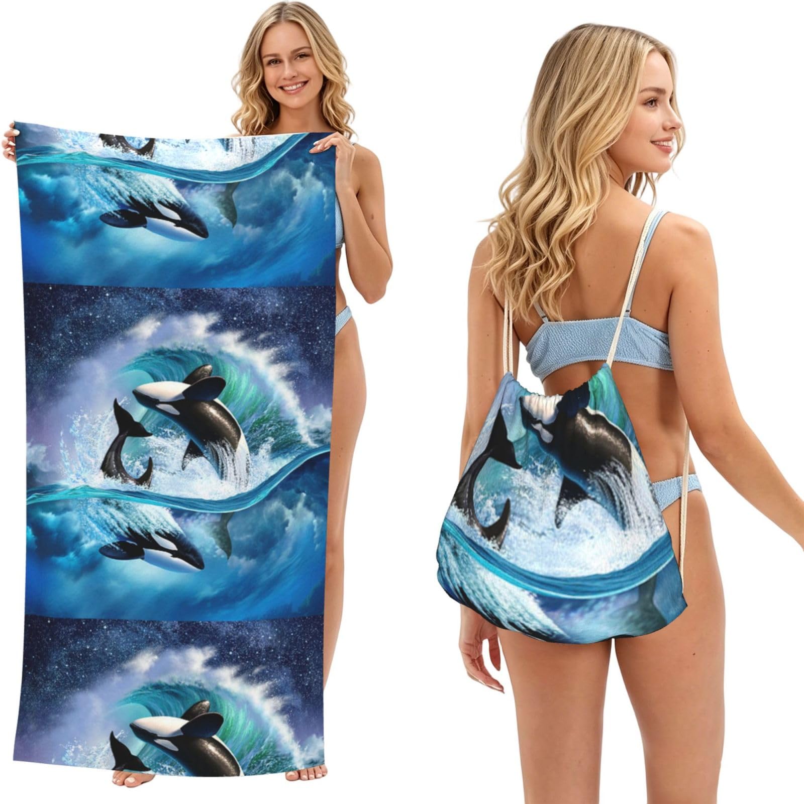 Poadnly As Picture Orca Killer Whales Wave, 2 In 1 Packable Towel Bag, Beach Towels With Drawstring Backpack For Travel Holiday Camping
