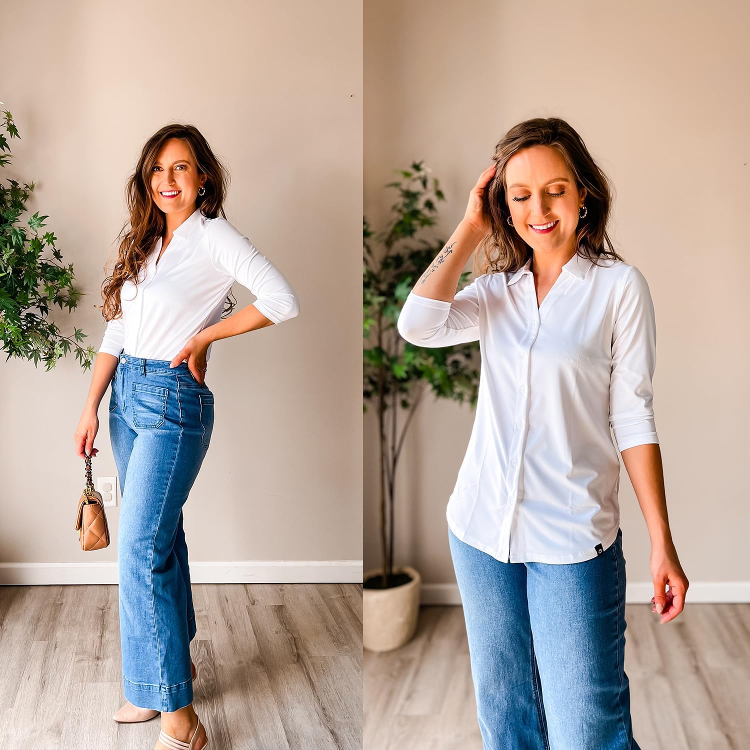 Soneven Womens 3/4 Sleeve Button Down Shirt V Neck Collared Polo Shirts Work Blouses
