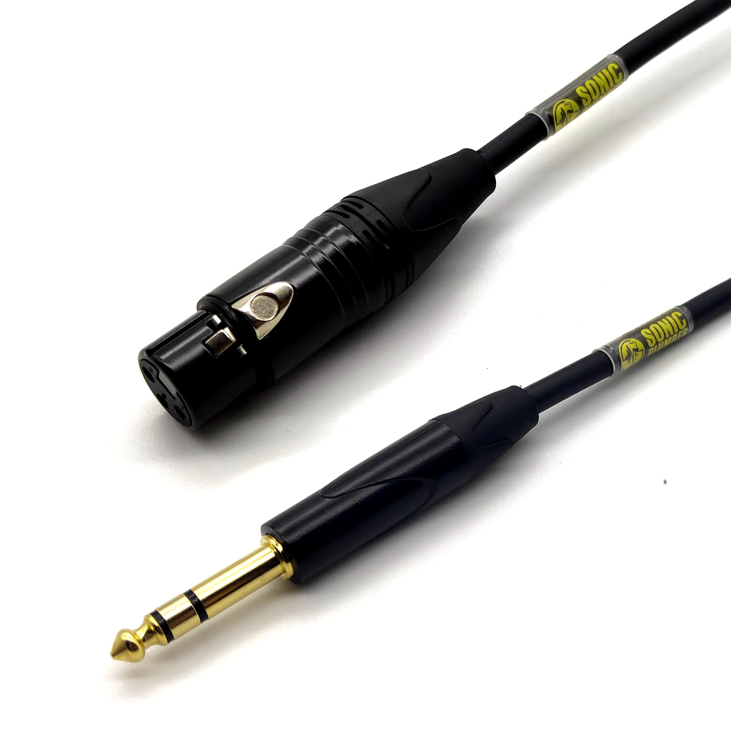 sonic plumber black and gold xlr female to 6.35mm (1/4") trs jack balanced cable with cable tie. (not compatible with unbalanced 6.35mm inputs on party speakers/amplifiers/keyboards) (3m/9.84ft)