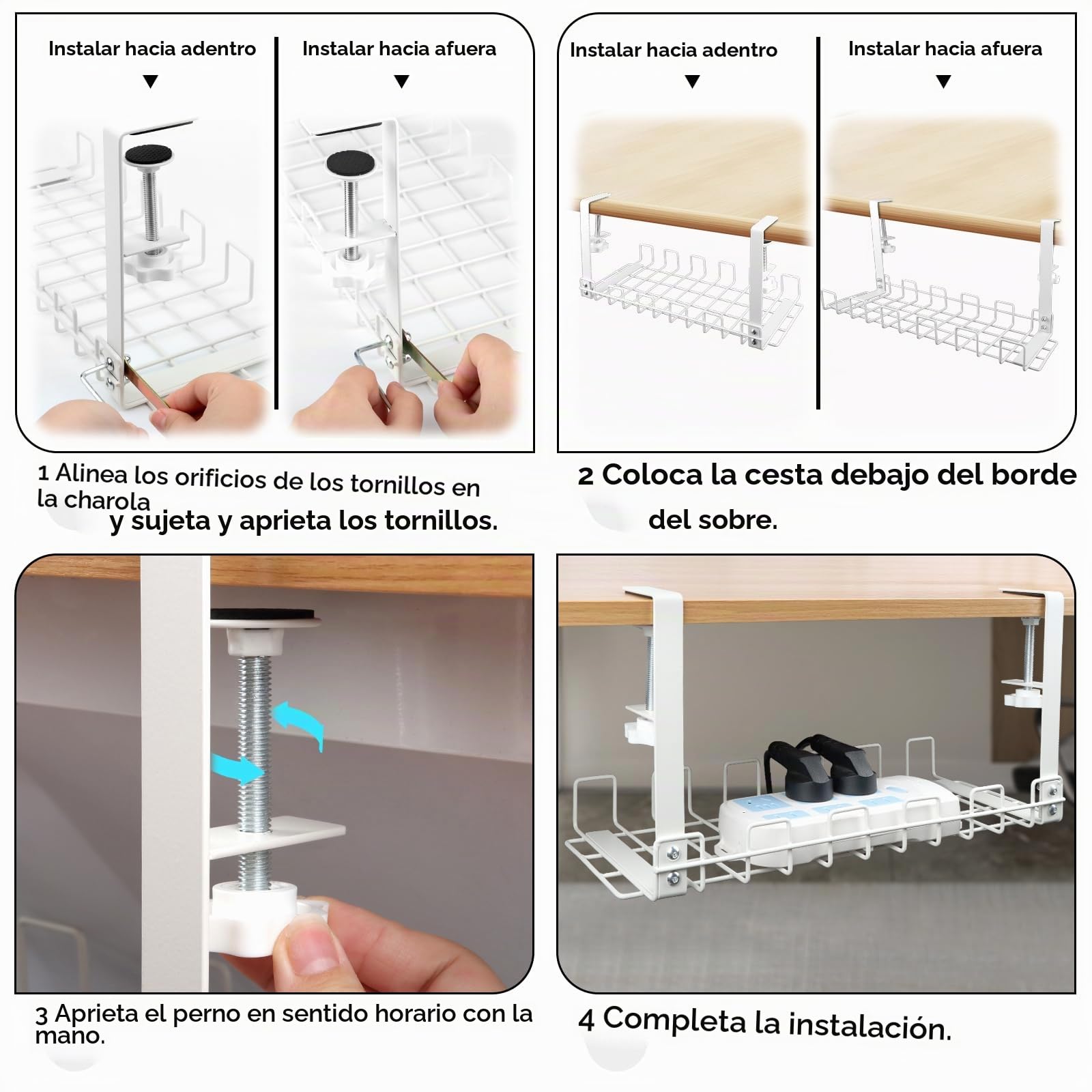 Organizador Cables, Bandeja de Gestión de Cables Cable Management, Organizador Cables Escritorio para Debajo del Escritorio, Cesta de Malla sin Taladrar, Accesorios para Almacenar y Esconder Cables