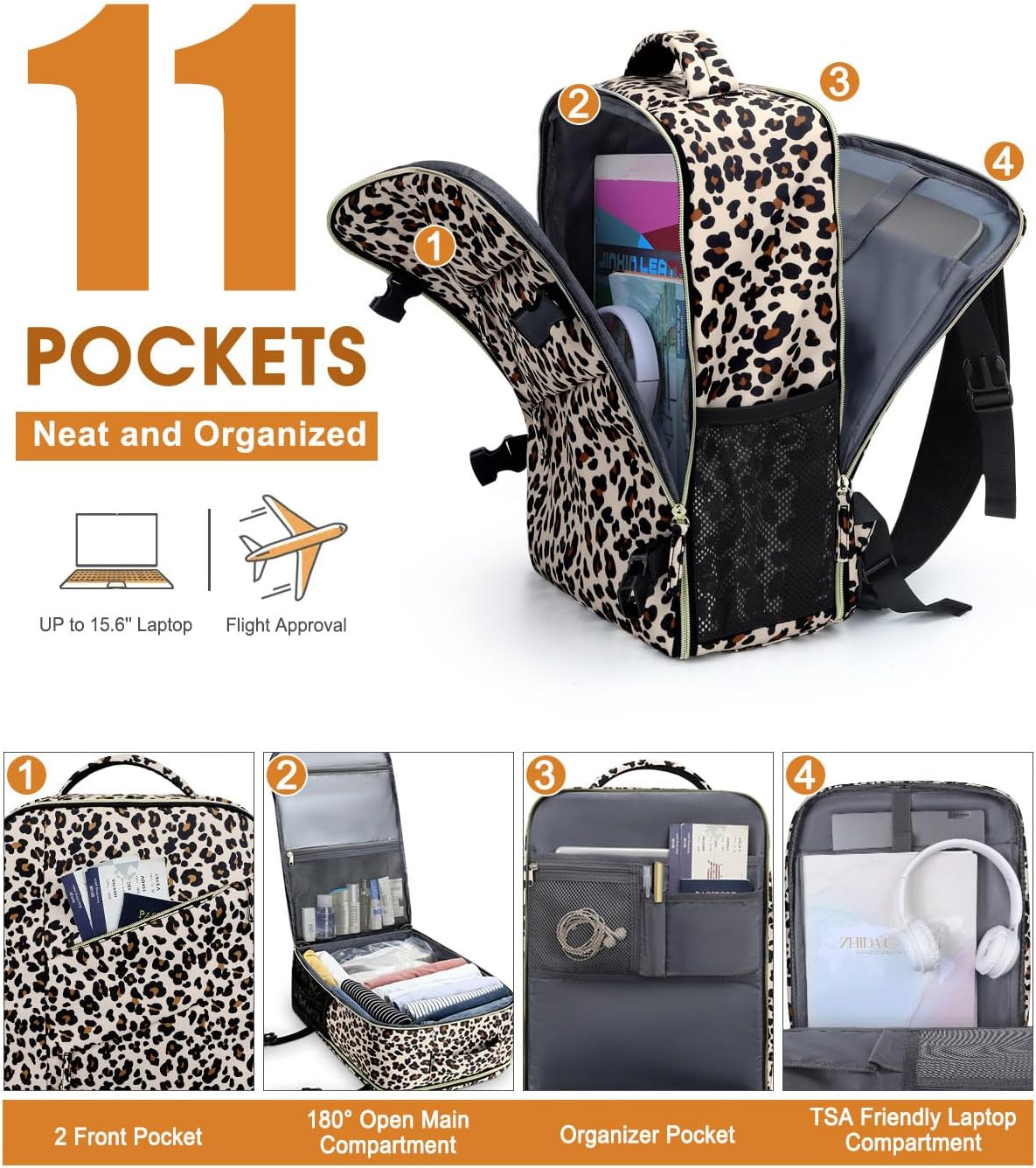 Capolo Travel Backpack for Women Men Waterproof Laptop Backpack Flight Approved Carry On Backpack Overnight Weekender Bag College Bookbag for Business, Work, Traveling Fits 15.6 '' Laptop,Leopard