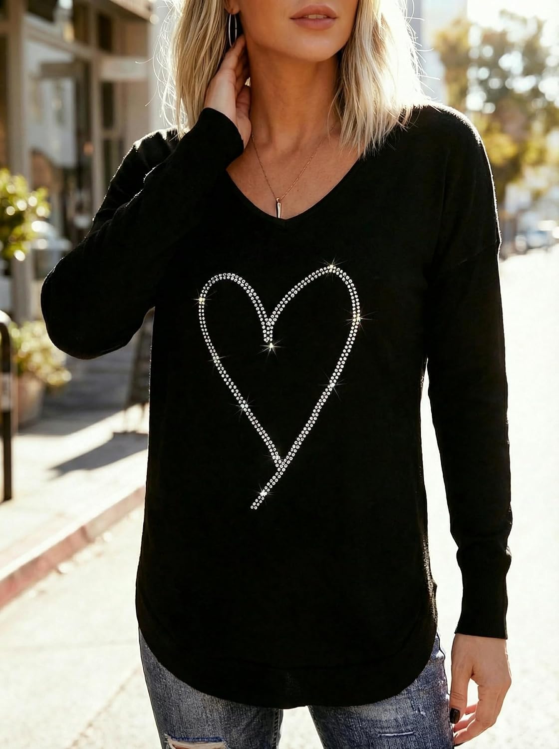 Rhinestone Heart V Neck Shirts Womens Funny Heart Printed Pattern Pullover Casual Loose Long Sleeve Tunic Shirt Tops - Image 6