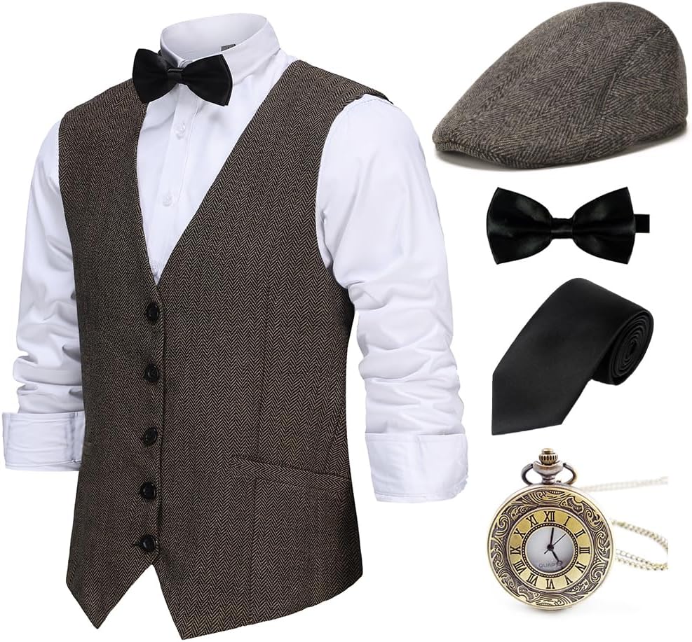 1920s Mens Costume Gatsby Gangster Vest Fedora Hat Suspenders Bow Tie Costume Accessories Set