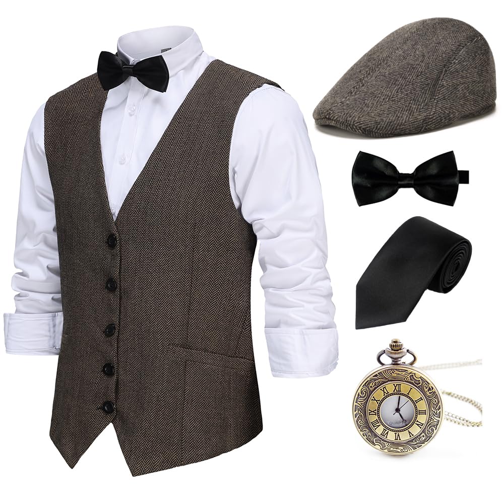1920s Mens Costume Gatsby Gangster Vest Fedora Hat