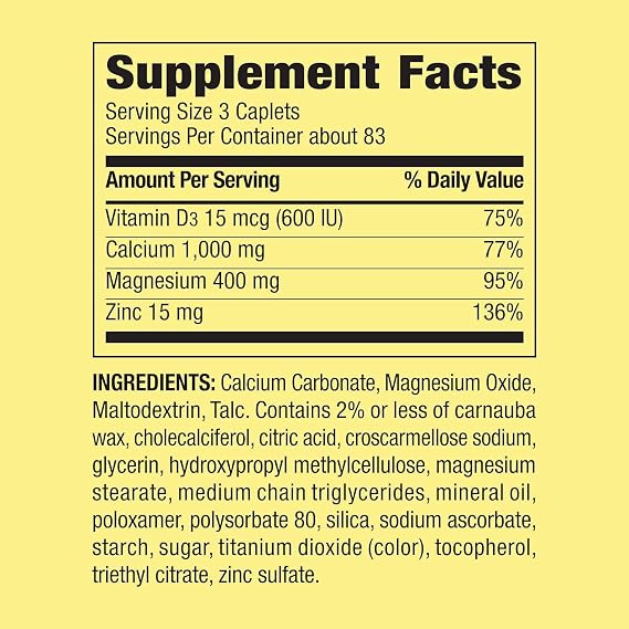 Calcium, Magnesium, Zinc & Vitamin D3. Calcium, Magnesium & Zinc Plus Vitamin D3 Caplets Dietary Supplement, 250 Count (Pack of 1), Set with Basket Goods Store Shop
