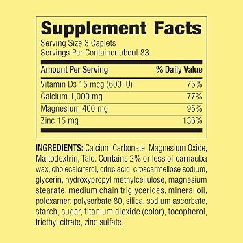 Calcium, Magnesium, Zinc & Vitamin D3. Calcium, Magnesium & Zinc Plus Vitamin D3 Caplets Dietary Supplement, 250 Count (Pack of 1), Set with Basket Goods Store Shop