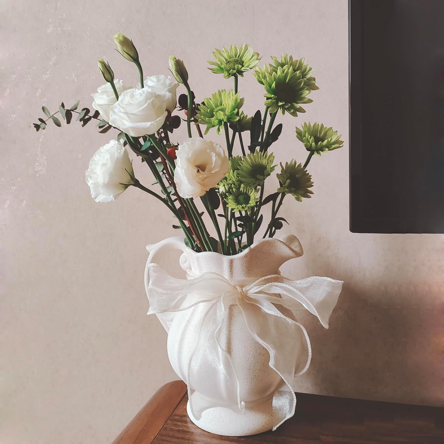 Large Rustic Ceramic Vase for Home Decor, Antique Textured Wide Mouth Farmhouse Clay Jug Pitcher Pottery Flower Vases with Handle for Aesthetic Gift…
