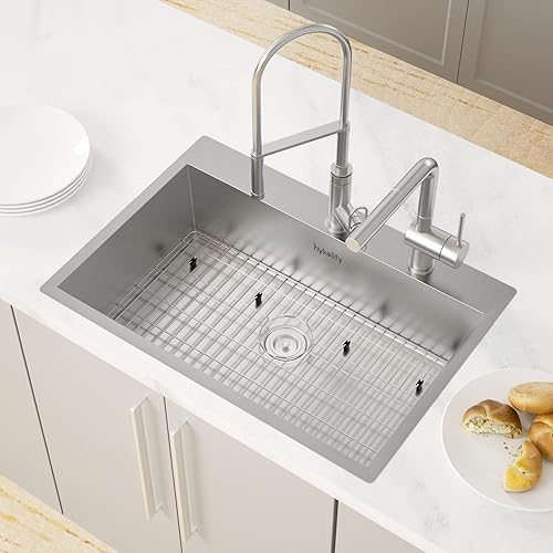 Miniatura 2 de hykolity Fregadero de cocina de 33 pulgadas, fregadero de cocina de acero inoxidable de 2 agujeros con colador y rejilla inferior, 33 x 22 x 9