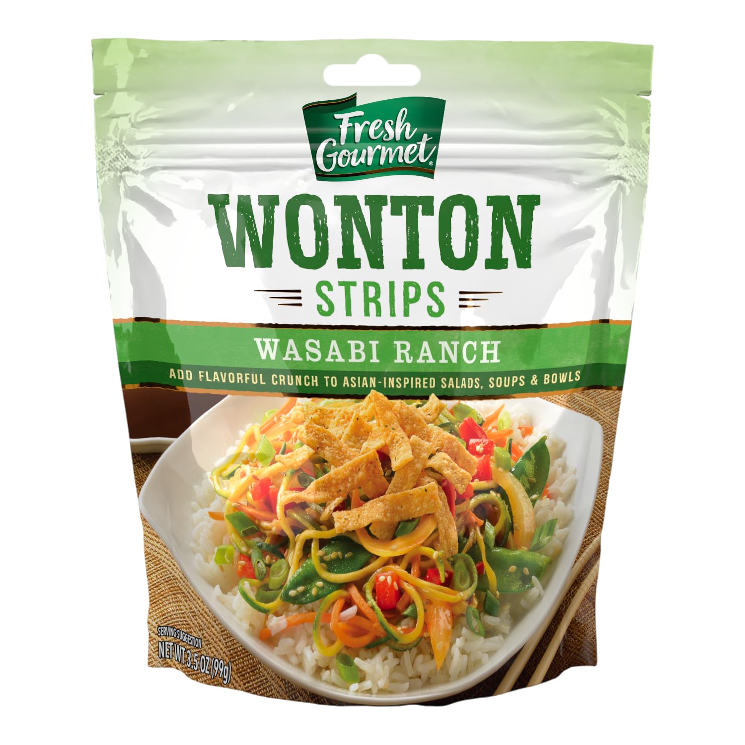 Fresh Gourmet Wasabi Ranch Wonton Strips | 3.5 Ounce, Pack of 9 | Low Carb | Crunchy Snack and Salad Topper