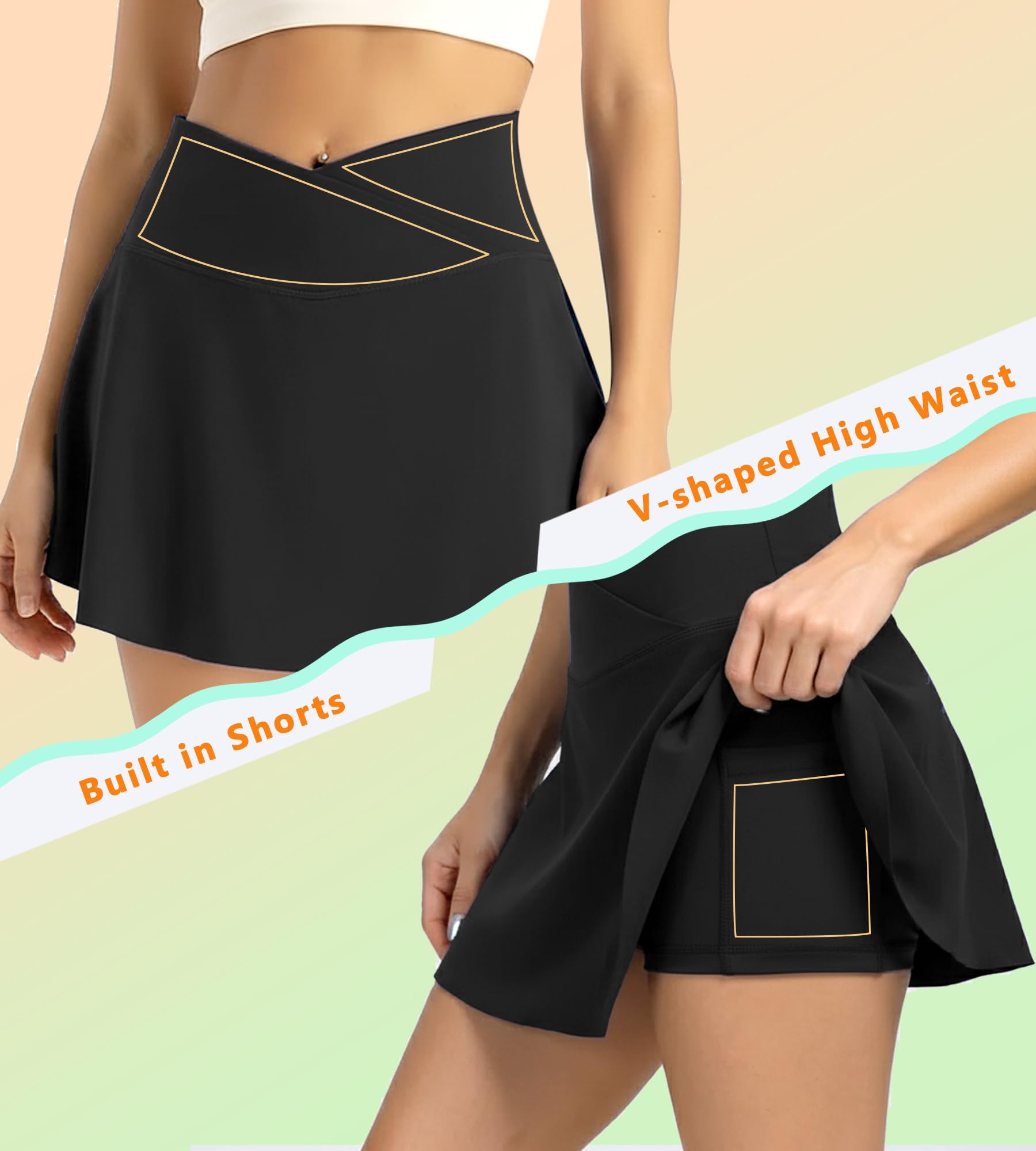 Faldas de Tenis para Mujer Cintura en V Falda Deportiva con Bolsillos Mini Falda Pantalón de Golf Plisada Mini Skirt para Correr Fitness Yoga Ciclismo Senderismo - 3