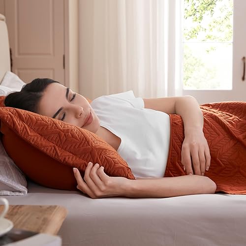 Miniatura 5 de Juego de edredón de 3 piezas tamaño California King, color naranja quemadoóxido, 118 x 106 pulgadas, edredón de verano suave y ligero, lujoso juego