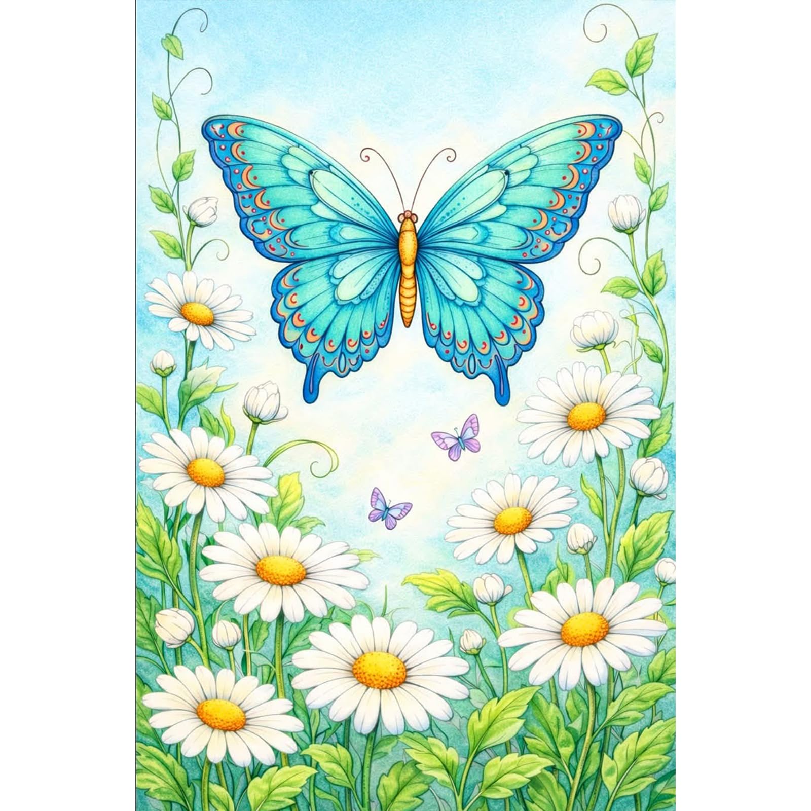 Poetrydraw Butterflies And Daisies 5D Round Drill Diamond Art Painting Kit For Adults & Beginners, Home Wall Decor, 11.81X17.7in