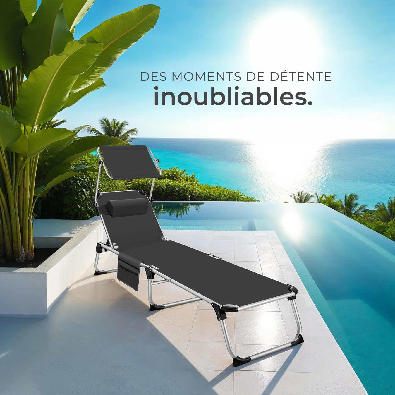 tectake® Chaise Longue Pliante Bain de Soleil Jardin Exterieur avec Pare Soleil, Cadre en Aluminium, Chaise Longue inclinable Transat de Plage Relax Jardin Camping Salon de Jardin Exterieur