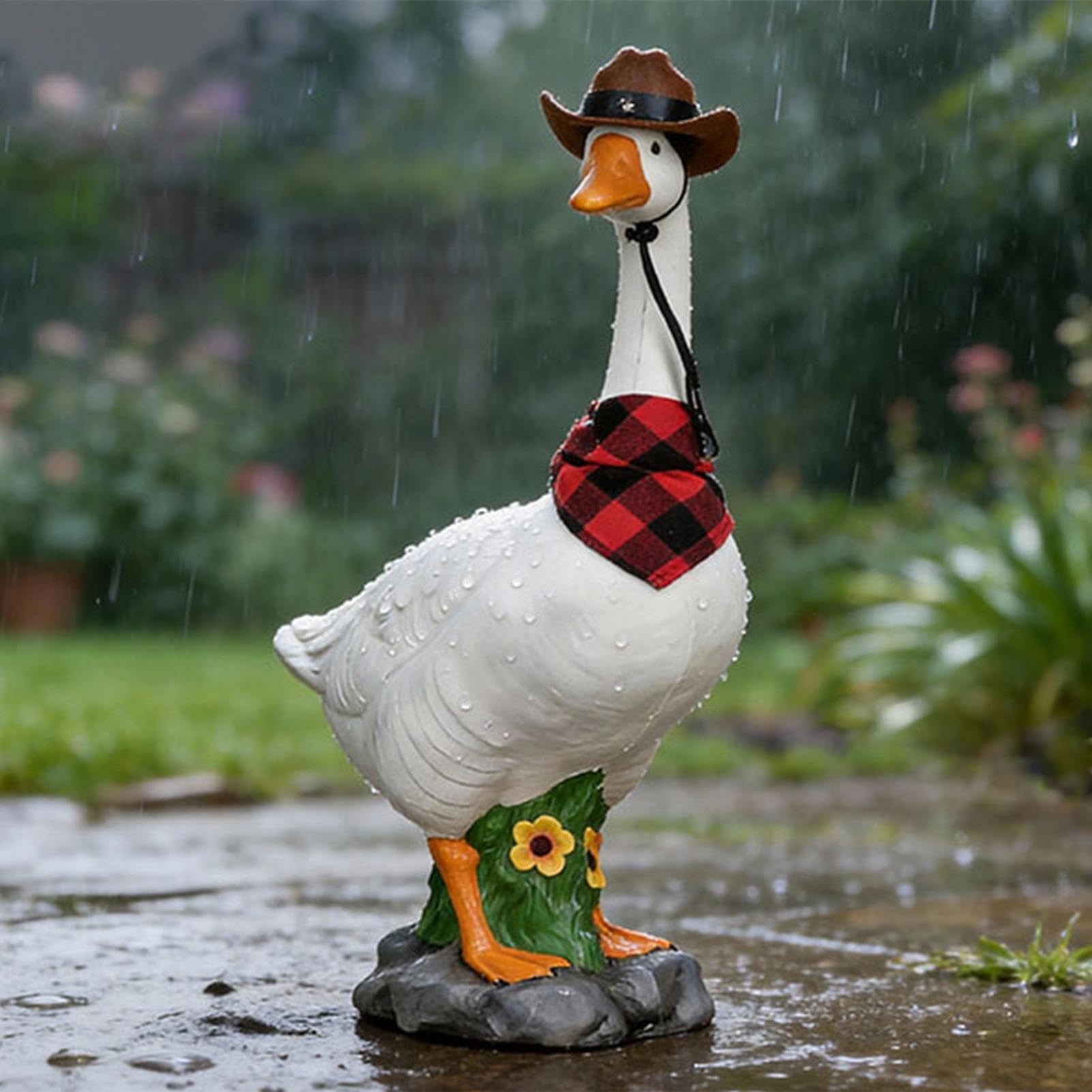Generisch Statua da giardino, cappello da cowboy, collo regolabile, motivo oca, statua da giardino con base, per cortile, prato, cortile, terrazza, compleanno, festa della mamma e inaugurazione della