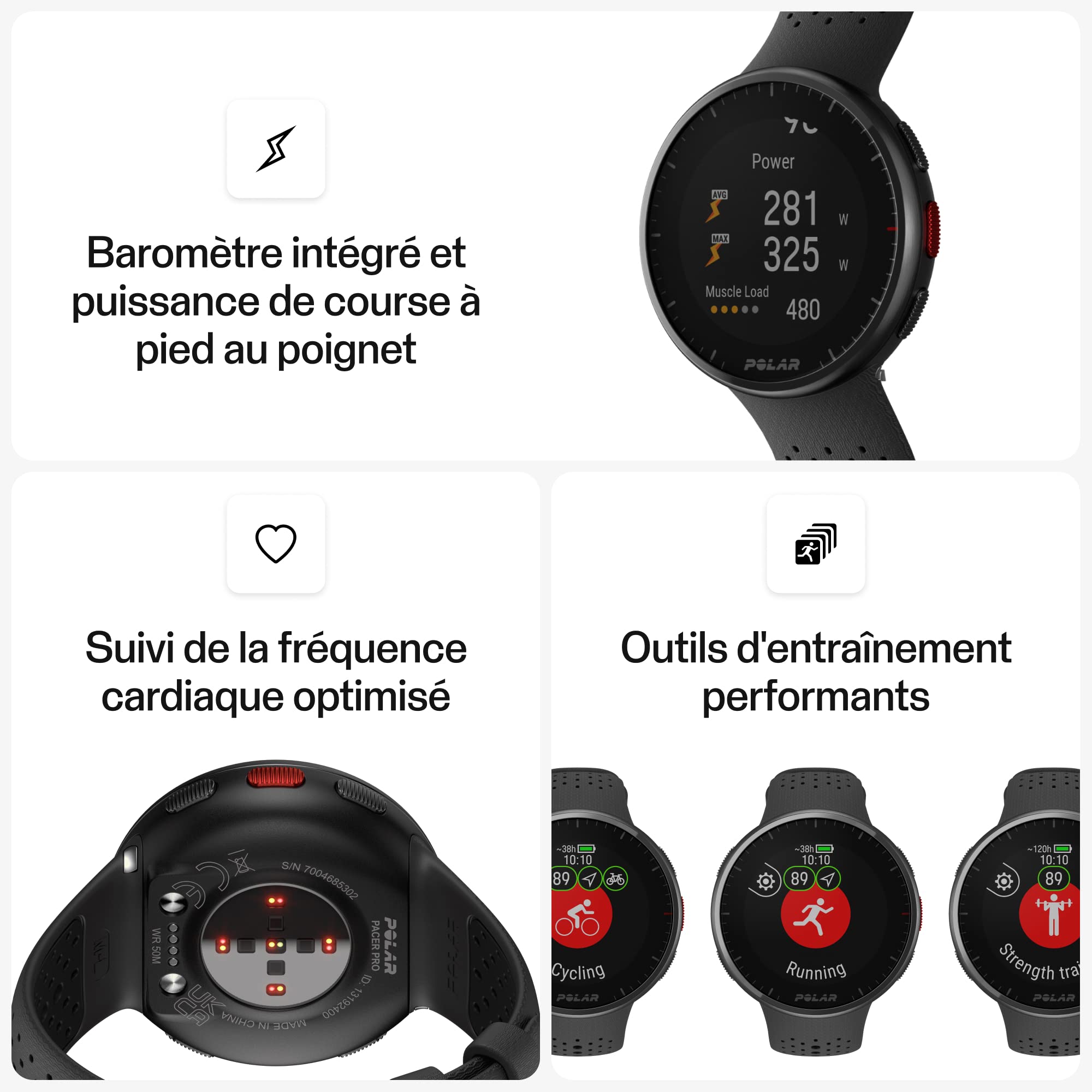 Polar Pacer Pro Montre Sport GPS Cardiofréquencemètre Poignet Hommes Femmes Entraînement Running Suivi Sommeil