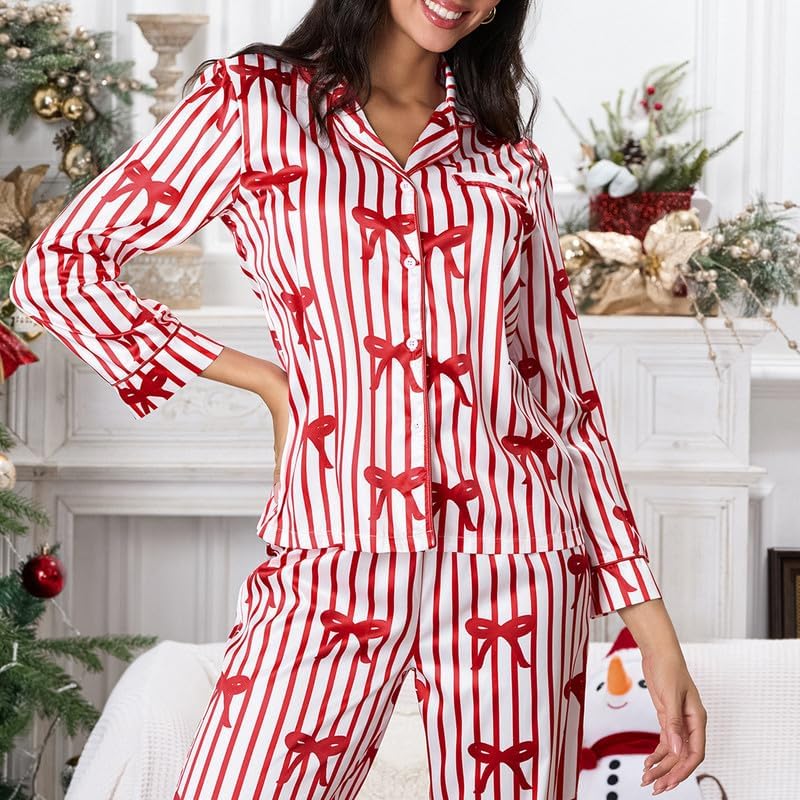 NUFIWI Womens Christmas Satin Pajamas Set Long Sleeve Silk Button Down Shirt and Pants 2 Piece Pj Sets Xmas Loungewear - Image 4