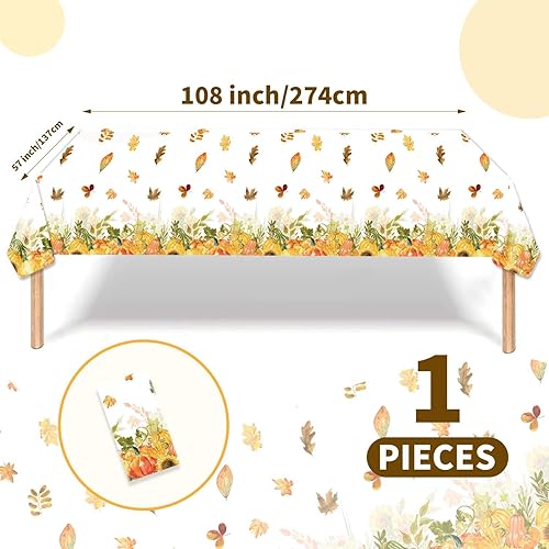Miniatura 9 de PARSUP 3 manteles desechables de Acción de Gracias, 108 x 54 pulgadas, diseño de otoño, diseño de calabaza, hojas de arce, mantel de plástico