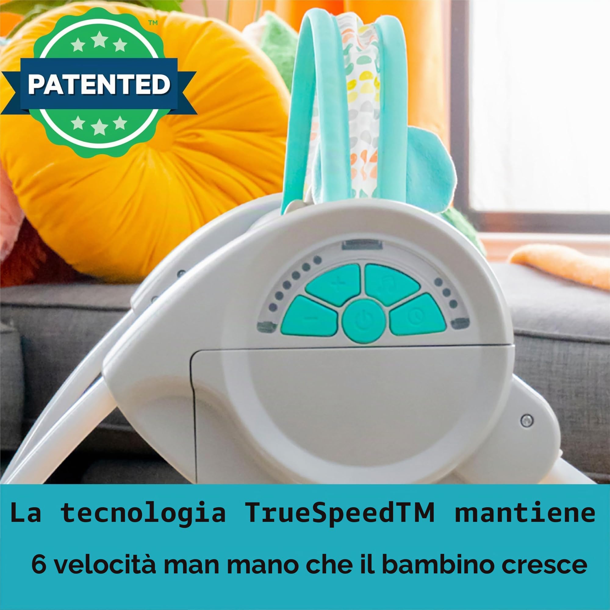 Bright Starts Altalena Automatica Portatile a 6 Velocità per Bambini, Compatta e Pieghevole, Musica, Barra Giocattoli, 0-9 Mesi 3-9 kg (Whimsical Wild)