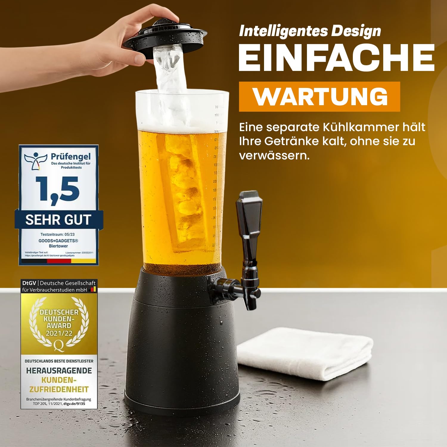 Biertower 4,0 Liter – Kult Biersäule mit LED-Beleuchtung & Eiskühlung – XXL Trinksäule Getränkespender mit Präzisions-Zapfhahn – Robuste Zapfsäule für Party, Grillen & Events – Getränkesäule Schwarz