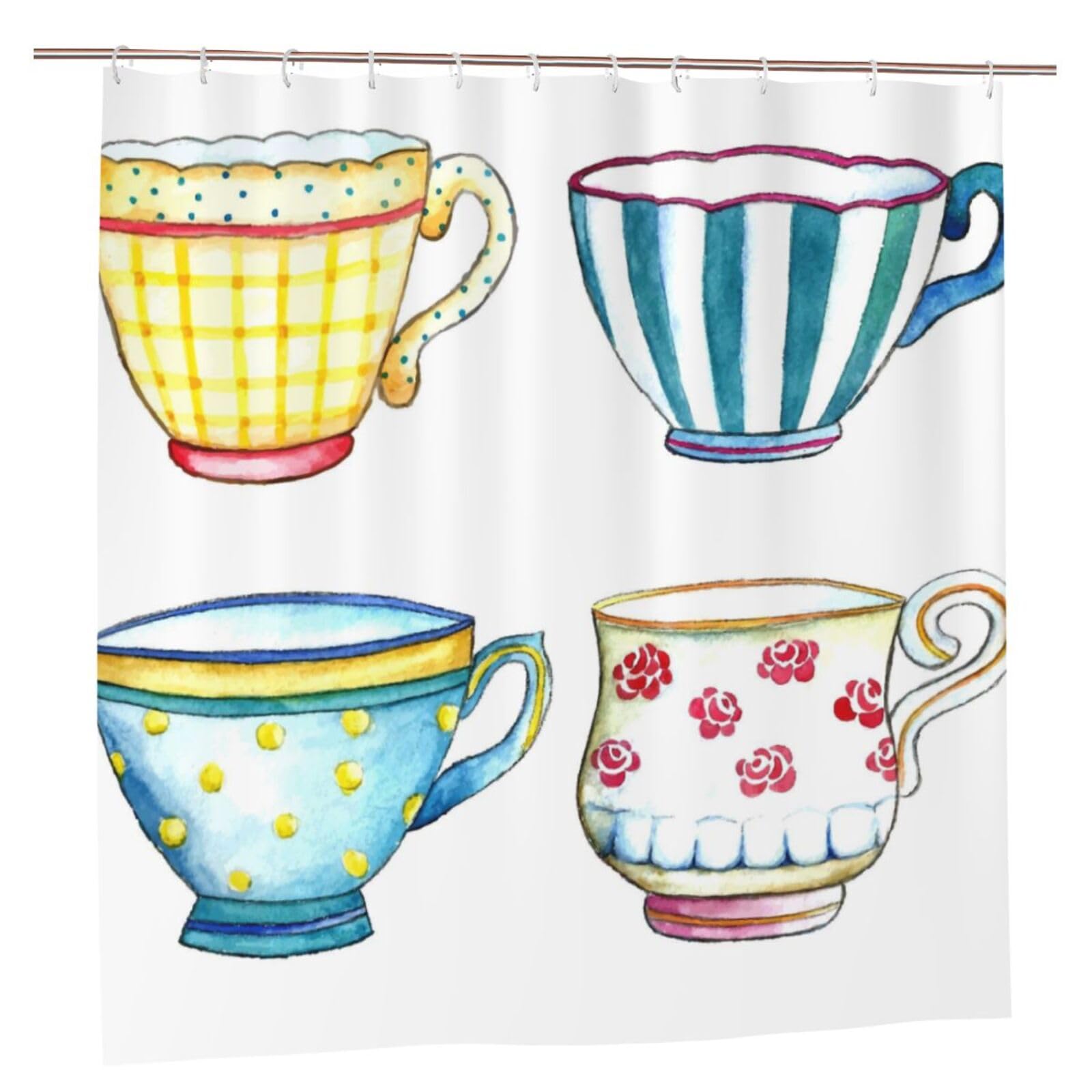 Oudrspo Polyester Fabric Shower Curtain - 70x70 Inch with Metal Grommets, Artistic Privacy Design, Tea Cups Watercolor On The White Backgrounds