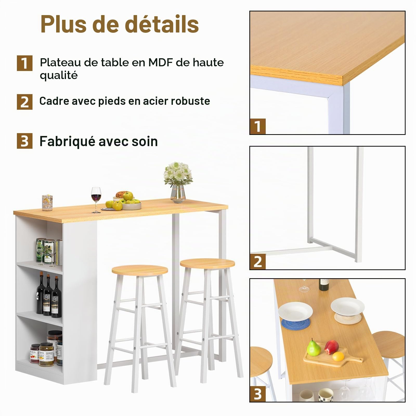 Soges Ensemble Bar Avec Table et 2 Tabourets Hauts - Table à Manger de Bistrot/Pub Avec Étagère de Rangement à 3 Niveaux