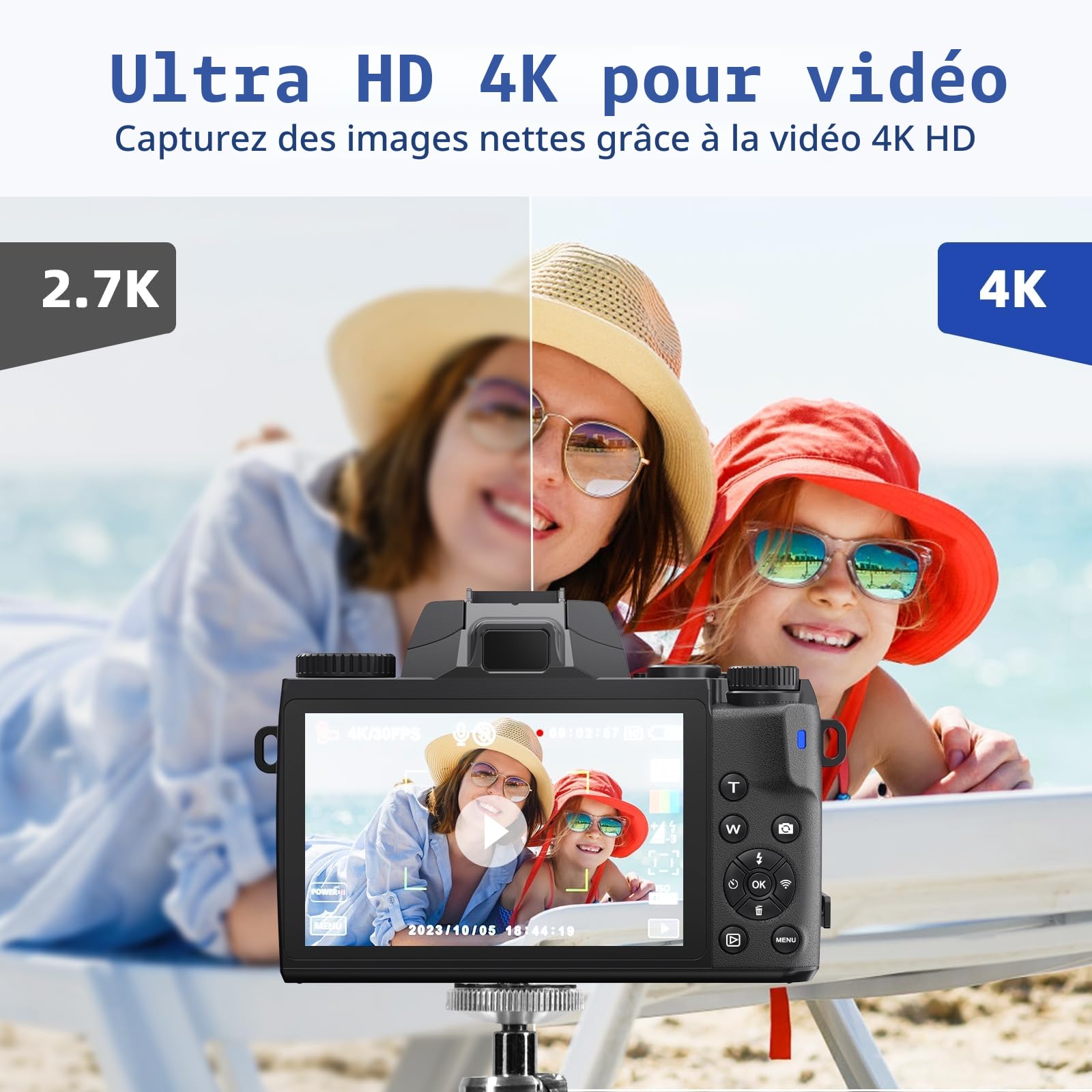 Appareil Photo numérique 4K, CCN 64MP Appareil Photo avec écran Tactile 3.0", Zoom numérique 16X, Fonction WiFi, avec Sacoche, Capuchon, Carte TF 32GB, Objectif Unique, Noir