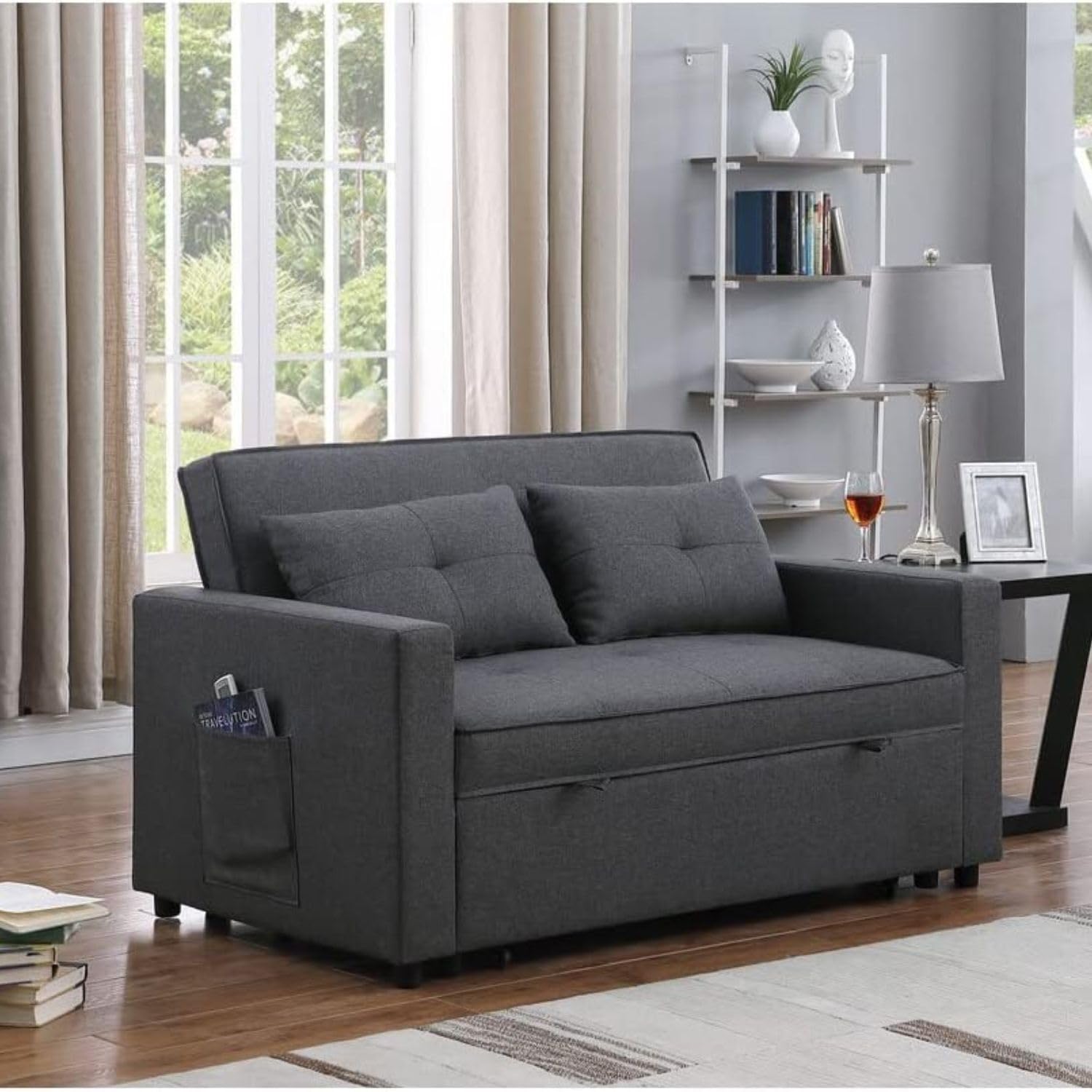 Lilola Home Zoey Dark Gray Linen Convertible Sleeper Loveseat with Side Pocket