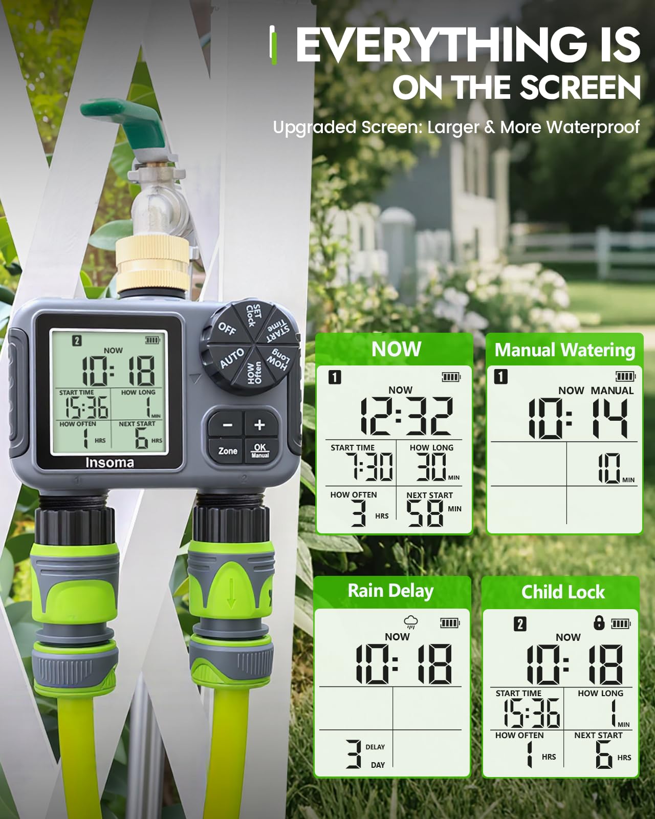 Insoma Timer irrigatore a 2 zone con ingresso in ottone, timer per tubo dell'acqua con modalità auto/manuale + ritardo pioggia, grande display LCD, per giardino, cortile, prato, impermeabile IPX5 e