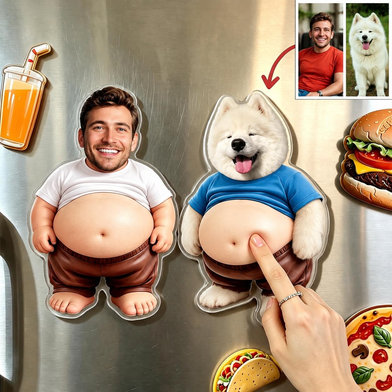 Custom Funny Squishy Belly Fridge Magnets, Personalized Face Squishy Refrigerator Magnets Pressable Belly, Squeezable Belly Fridge Decor, Stress Relief Gift (B-2PC Human and Your Pet)