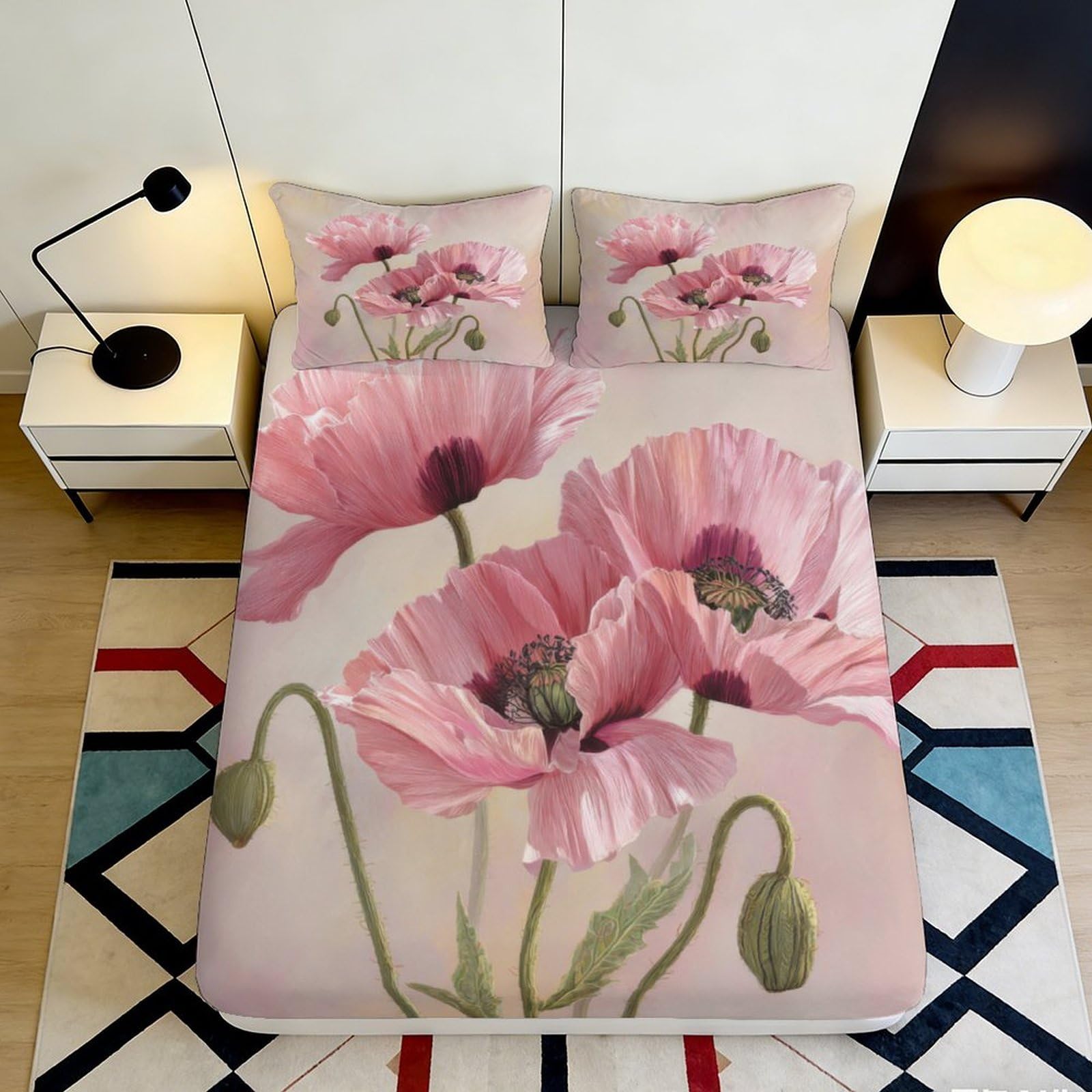 Jqzkxnhpbr Style-4 3D Printed Pink Poppy Flower Fitted Sheet Microfiber Soft Breathable Artistic Botanical Bed Cover For Bedroom Guest Room 90X200x25cm