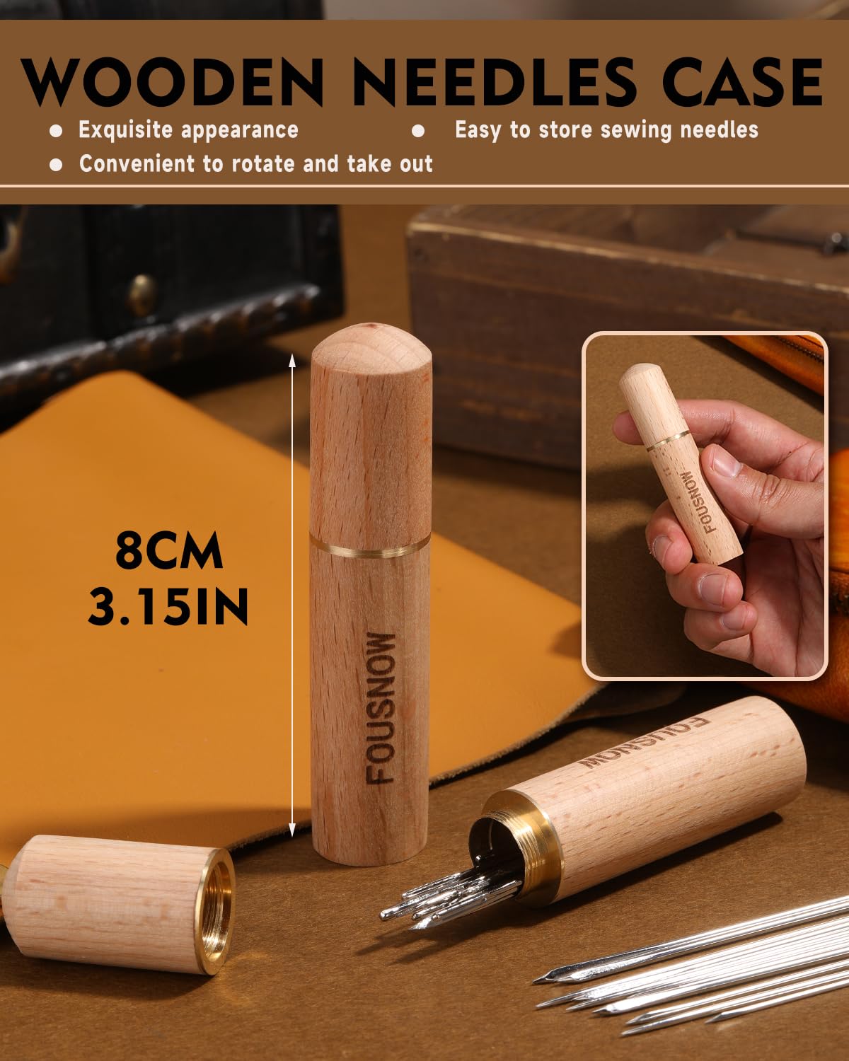 FOUSNOW Juego de 28 agujas de coser a mano resistentes, agujas de tapicería para coser a mano, kit de agujas de coser con agujas de coser de madera, cojín para cuero, sofá, lienzo, reparación de