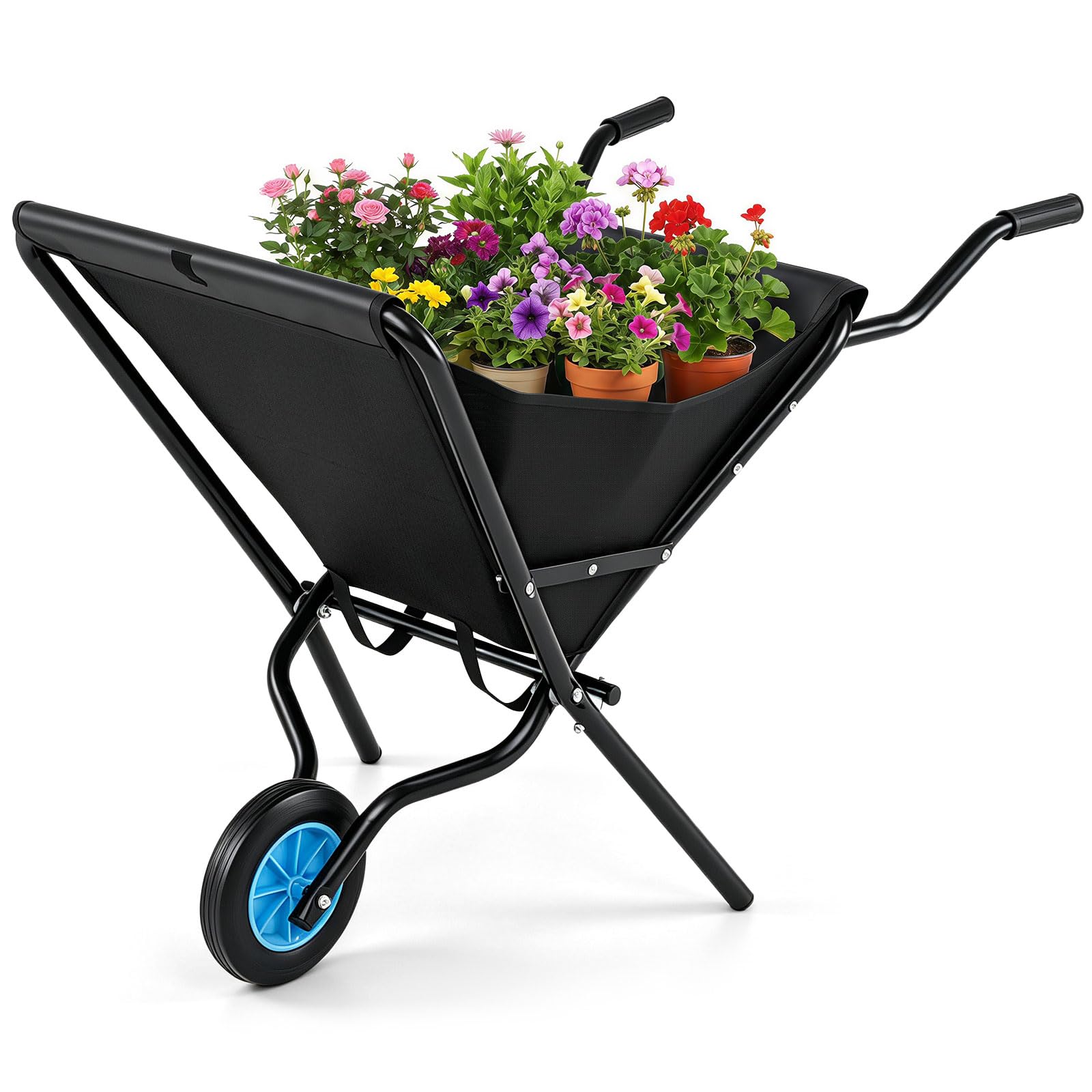 COSTWAY Carretilla de Jardín Plegable con Rueda, Lona Oxford, 78x109x72 cm | Carro de Transporte, Carga de 40 kg, Esturctura de Metal, Mangos Antideslizantes, Carrito de Obra Plegable para Jardinería