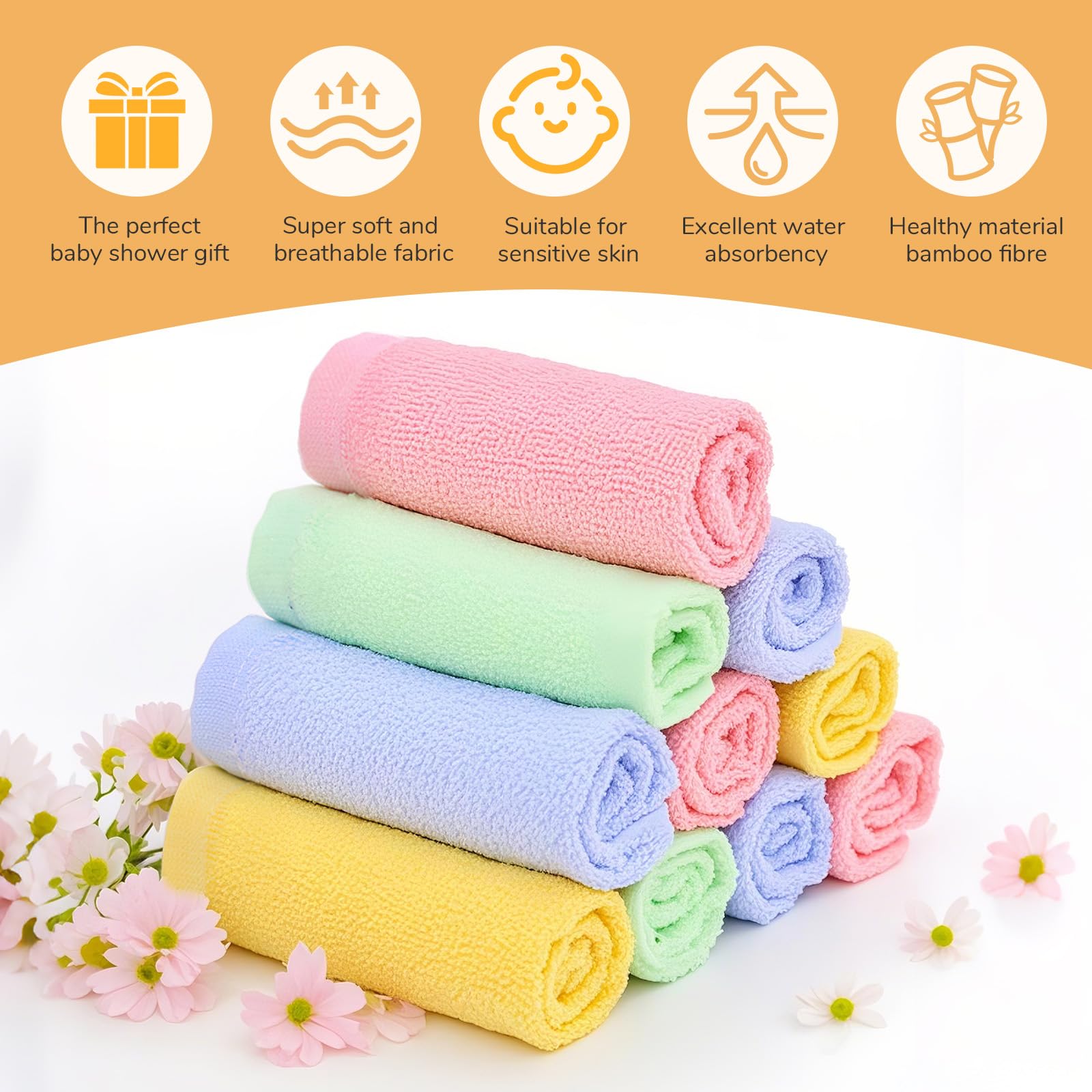 8-Piece Assorted Color Set Face Cloths, Premium Bamboo Face Cloth, Reusable Eco-Friendly Face Cloths For Washing Face,For All Skin Types (10x10in) — view 8