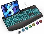 SABLUTE Large Print Backlit Keyboard with Wrist Rest， Wired USB Lighted Computer Keyboard with 7-Color & 4 Modes Backlit, Oversize Letters Keys Easy to See and Type Compatible for PC, Laptop