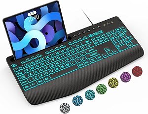 SABLUTE Large Print Backlit Keyboard with Wrist Rest， Wired USB Lighted Computer Keyboard with 7-Color & 4 Modes Backlit, Oversize Letters Keys Easy to See and Type Compatible for PC, Laptop